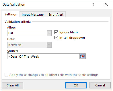 پنجره Data Validation در اکسل